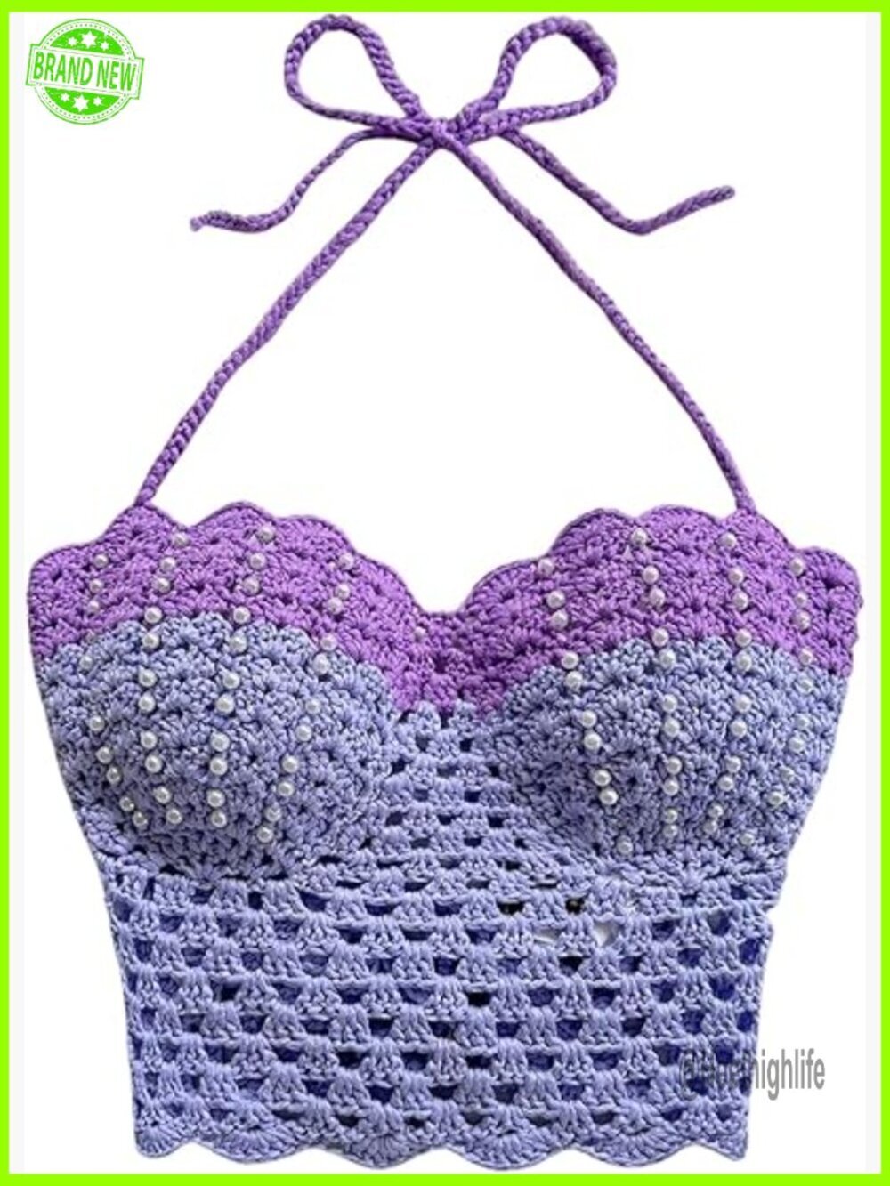 Sleeveless Crochet Halter Top with Pearl Beads Scallop Trim Boho Cami Crop